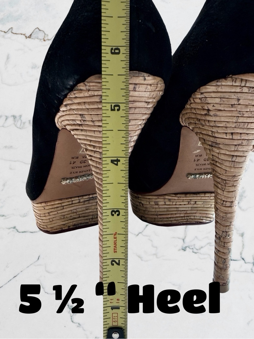 Schutz Black Suede Peep-Toe Platform Stiletto Heels Cork Bamboo Texture Sz 10 - Picture 11 of 13